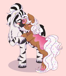 Size: 1334x1536 | Tagged: safe, artist:shamy-crist, oc, oc only, oc:adrianee, oc:donut daydream, pony, unicorn, zebra, adream, donut, female, food, mare