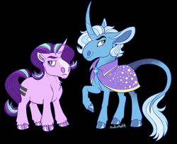 Size: 1500x1224 | Tagged: safe, artist:owlcoholik, starlight glimmer, trixie, pony, unicorn, g4, black background, blaze (coat marking), chibi, cloven hooves, coat markings, curved horn, facial markings, hoers, horn, leonine tail, simple background, tail, unshorn fetlocks
