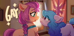 Size: 3694x1787 | Tagged: safe, artist:oofycolorful, edit, izzy moonbow, sunny starscout, earth pony, pony, unicorn, g5, my little pony: a new generation, spoiler:g5, spoiler:my little pony: a new generation, blushing, chest fluff, female, izzyscout, lesbian, open mouth, scene interpretation, shipping, staring contest, text edit