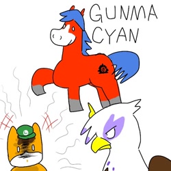 Size: 600x600 | Tagged: safe, artist:kushina13, gilda, oc, oc:gunma cyan, earth pony, griffon, pony, g4, cap, female, hat, lidded eyes, luigi's hat, male, pointing, raised hoof, stallion, super mario bros.