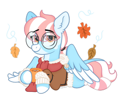 Size: 2000x1556 | Tagged: safe, artist:pink-pone, oc, oc only, oc:cloud jumper, pony, clothes, female, glasses, leaves, lying down, mare, prone, simple background, socks, solo, striped socks, sweater, transparent background