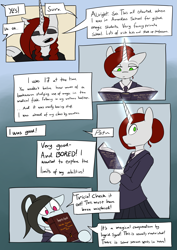 Size: 4961x7016 | Tagged: safe, artist:tenenbris, oc, oc:patricia sorg, comic:things change, alternate hairstyle, book, clothes, eyeshadow, magic, makeup, reading, school uniform, telekinesis