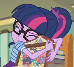 Size: 1643x1491 | Tagged: safe, screencap, sci-twi, twilight sparkle, equestria girls, equestria girls series, g4, the last day of school, book, cropped, solo, wavy mouth