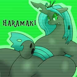 Size: 500x500 | Tagged: safe, artist:kushina13, queen chrysalis, changeling, changeling queen, g4, fangs, featureless crotch, female, haramaki, lidded eyes, solo