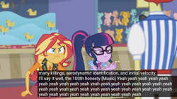 Size: 1920x1080 | Tagged: safe, edit, edited screencap, screencap, flam, sci-twi, sunset shimmer, twilight sparkle, equestria girls, equestria girls specials, g4, my little pony equestria girls: better together, my little pony equestria girls: rollercoaster of friendship, aerodynamics, caption, faic, honesty, meme, translation, yeah, youtube caption