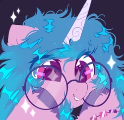 Size: 2481x2400 | Tagged: safe, artist:mirtash, izzy moonbow, pony, unicorn, g5, bracelet, bust, dark background, female, glasses, high res, horn, izzy's crafting glasses, jewelry, mare, meganekko, portrait, solo, unshorn fetlocks