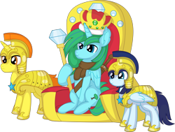 Size: 9015x6810 | Tagged: safe, artist:cyanlightning, oc, oc only, oc:winter leaf, alicorn, pegasus, pony, unicorn, .svg available, absurd resolution, clothes, crown, female, guardsmare, jewelry, male, mare, regalia, royal guard, scepter, simple background, stallion, throne, transparent background, vector