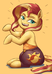 Size: 1240x1754 | Tagged: safe, artist:nire, sunset shimmer, pony, unicorn, g4, bare shoulders, blushing, clothes, curvy, cutie mark, cutie mark on clothes, equestria girls outfit, female, looking at you, mare, pants, pose, shirt, smiling, smiling at you, solo