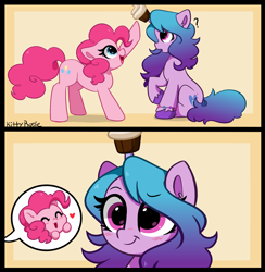 Size: 4560x4670 | Tagged: safe, artist:kittyrosie, izzy moonbow, pinkie pie, earth pony, pony, unicorn, g4, g5, :t, absurd resolution, blushing, bracelet, cupcake, cute, diapinkes, dreamworks face, duo, duo female, eyebrows, eyebrows visible through hair, eyelashes, eyes closed, female, food, happy, heart, horn, horn impalement, izzy and her heroine, izzy impaling things, izzybetes, jewelry, mare, open mouth, open smile, question mark, shadow, simple background, sitting, smiling, the new pinkie pie, unshorn fetlocks