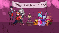 Size: 7546x4244 | Tagged: safe, artist:alexsavenije, applejack, discord, fluttershy, pinkie pie, rainbow dash, rarity, spike, twilight sparkle, oc, oc:alexsavenije, alicorn, bird, demon, draconequus, dragon, earth pony, hellhound, human, imp, owl, pegasus, pony, unicorn, anthro, digitigrade anthro, g4, adopted daughter, adopted father, adopted offspring, anthro with ponies, bird demon, blitzo buckzo, crossover, father and child, father and daughter, female, hellaverse, hellborn, helluva boss, husband and wife, immediate murder professionals, loo loo land, loona (helluva boss), male, mane six, millie knolastname, moxxie knolastname, octavia (helluva boss), owl demon, stolas, stolas (helluva boss), teenager