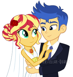 Size: 2326x2471 | Tagged: safe, artist:interstellar-quartz, flash sentry, sunset shimmer, equestria girls, g4, clothes, dress, female, high res, male, marriage, ship:flashimmer, shipping, simple background, straight, suit, transparent background, wedding, wedding dress
