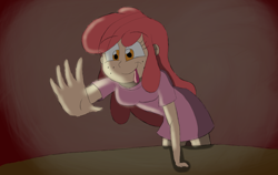 Size: 1624x1024 | Tagged: safe, artist:uslessdoodler, apple bloom, human, g4, clothes, dress, humanized, meme, solo, sunset shimmer reaching for things, tongue out