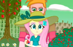 Size: 4096x2668 | Tagged: safe, artist:dashdeviant, big macintosh, fluttershy, equestria girls, g4, apple, apple tree, female, food, hairclip, hat, larger male, male, ship:fluttermac, shipping, smaller female, straight, sun hat, tree