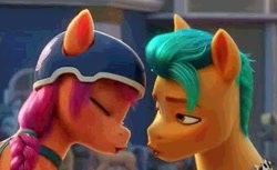 Size: 763x468 | Tagged: safe, screencap, hitch trailblazer, sunny starscout, earth pony, pony, g5, my little pony: a new generation, spoiler:my little pony: a new generation, 3d, cropped, female, male, mare, out of context, pursed lips, singing, stallion