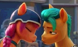 Size: 763x468 | Tagged: safe, screencap, hitch trailblazer, sunny starscout, earth pony, pony, g5, my little pony: a new generation, 3d, cropped, female, male, mare, out of context, pursed lips, singing, stallion