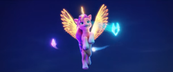 Size: 2076x865 | Tagged: safe, screencap, sunny starscout, alicorn, pony, g5, my little pony: a new generation, spoiler:my little pony: a new generation, 3d, alicornified, artificial alicorn, artificial horn, artificial wings, augmented, earth pony crystal, eyebrows, female, flying, horn, magic, magic horn, magic wings, mane stripe sunny, mare, night, open mouth, open smile, pegasus crystal, race swap, sky, smiling, solo, spread wings, sunnycorn, unicorn crystal, wings
