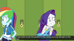 Size: 1920x1080 | Tagged: safe, edit, edited screencap, screencap, rainbow dash, rarity, best trends forever, best trends forever: rainbow dash, equestria girls, g4, my little pony equestria girls: better together, bus, candy, caption, food, meme, translation, youtube caption