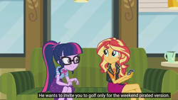 Size: 1920x1080 | Tagged: safe, edit, edited screencap, screencap, sci-twi, sunset shimmer, twilight sparkle, equestria girls, g4, my little pony equestria girls: choose your own ending, text support, text support: sunset shimmer, caption, golf, implied timber spruce, meme, offscreen character, piracy, sports, translation, youtube caption