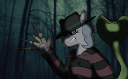 Size: 1440x900 | Tagged: safe, artist:tranzmuteproductions, pinkie pie, cobra, earth pony, snake, anthro, g4, a nightmare on elm street, bust, clothes, cosplay, costume, crossover, duo, freddy krueger, grin, metal claws, outdoors, smiling