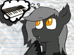 Size: 1024x768 | Tagged: safe, artist:tranzmuteproductions, oc, oc only, oc:tranzmute, bat pony, pony, bat pony oc, bust, keyboard, lined paper, male, slit pupils, solo, stallion, thinking, thought bubble