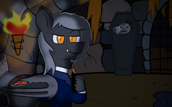 Size: 1440x900 | Tagged: safe, artist:tranzmuteproductions, oc, oc only, bat pony, pony, bat pony oc, clothes, halloween, holiday, hoof on chest, jack-o-lantern, male, pumpkin, slit pupils, smiling, stallion, torch, unshorn fetlocks