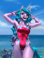 Size: 4500x6000 | Tagged: safe, artist:mykegreywolf, izzy moonbow, unicorn, anthro, g5, armpits, belly button, both cutie marks, bracelet, breasts, clothes, cloud, female, high-cut clothing, horn, jewelry, ocean, one-piece swimsuit, open mouth, reasonably sized breasts, sky, solo, swimsuit, thigh gap, underass