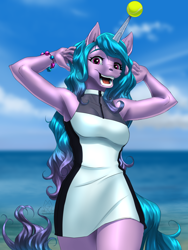 Size: 4500x6000 | Tagged: safe, alternate version, artist:mykegreywolf, izzy moonbow, unicorn, anthro, g5, armpits, ball, bracelet, breasts, cloud, female, horn, hornball, izzy's tennis ball, jewelry, looking at you, ocean, open mouth, reasonably sized breasts, sky, solo, sports dress, tennis ball