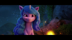 Size: 1280x720 | Tagged: safe, screencap, izzy moonbow, pony, unicorn, g5, my little pony: a new generation, spoiler:my little pony: a new generation, 3d, campfire, cute, female, izzybetes, mare, night, png, smiling, solo, weapons-grade cute