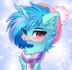 Size: 3456x3333 | Tagged: safe, artist:airiniblock, oc, oc only, oc:sleepy whistles, pony, unicorn, rcf community, bust, clothes, fluffy, hat, heterochromia, high res, portrait, scarf, solo, winter hat