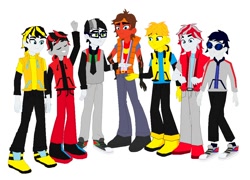 Size: 1128x812 | Tagged: safe, artist:robertsonskywa1, bee, bumblebee, human, equestria girls, equestria girls series, g4, clash of hasbro's titans, clothes, equestria girls-ified, glasses, group, holomatter avatar, humanized, ironhide, jazz, rodimus, sideswipe, simple background, sunstreaker, transformers, wheeljack, white background