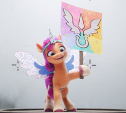 Size: 539x488 | Tagged: safe, screencap, sunny starscout, earth pony, pony, g5, my little pony: a new generation, 3d, cute, fake horn, fake wings, female, mare, sign, smiling, sunnybetes