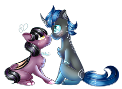 Size: 3344x2453 | Tagged: safe, artist:fantisai, oc, oc only, bat pony, pony, unicorn, bat pony oc, chest fluff, duo, high res, horn, looking at each other, simple background, smiling, transparent background, unicorn oc