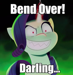 Size: 775x804 | Tagged: safe, edit, edited screencap, screencap, rarity, pony, unicorn, g5, my little pony: a new generation, spoiler:g5, spoiler:my little pony: a new generation, bend over, caption, creepy, cropped, dark magic, darling, evil rarity, evil smile, female, glowing, glowing horn, grin, horn, image macro, imminent rape, imminent sex, magic, mare, possessed, red eyes, sharp teeth, shrunken pupils, smiling, solo, sproutity, teeth, text