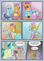 Size: 2591x3624 | Tagged: safe, artist:mustachedbain, ocellus, sandbar, smolder, changedling, changeling, dragon, earth pony, pony, g4, back to school, bubblegum, clothes, comic, dragoness, female, food, gum, high res, inflatable, pool noodle, pool toy, sarong, summer, summer vacation, sunglasses, swimsuit, trio