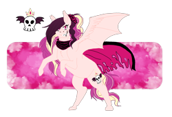 Size: 1788x1213 | Tagged: safe, artist:dr4m4-qu33n, oc, oc only, bat pony, pony, bat pony oc, bat wings, female, magical lesbian spawn, mare, offspring, parent:fluttershy, parent:princess cadance, rearing, simple background, skull, smiling, smirk, solo, transparent background, wings