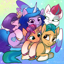 Size: 2048x2048 | Tagged: safe, artist:pfeffaroo, hitch trailblazer, izzy moonbow, pipp petals, sunny starscout, zipp storm, earth pony, pegasus, pony, unicorn, g5, my little pony: a new generation, adorapipp, adorazipp, cuddle puddle, cuddling, cute, female, high res, male, mane five, mare, pony pile, royal sisters (g5), siblings, sisters, smiling, stallion
