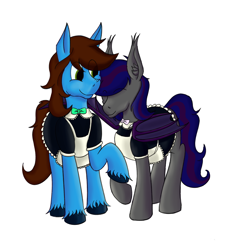 Size: 2176x2380 | Tagged: safe, artist:daudaen, oc, oc only, oc:daudaen, oc:firestarter, bat pony, earth pony, pony, bat wings, brown mane, clothes, crossdressing, duo, ear fluff, ear tufts, eye clipping through hair, eyes closed, female, folded wings, high res, maid, male, raised hoof, simple background, smiling, snuggling, standing, two toned mane, unshorn fetlocks, white background, wings
