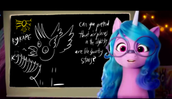 Size: 1280x736 | Tagged: safe, edit, edited screencap, editor:horsesplease, screencap, gallus, izzy moonbow, pony, g4, g5, my little pony: a new generation, spoiler:my little pony: a new generation, 3d, airplanes (song), aten, clucking, cock-a-doodle-doo, cockadoodledoo, crowing, cyrillic, derp, gallus the rooster, gallusposting, glasses, izzy's presentation, loss (meme), solo, sun, template