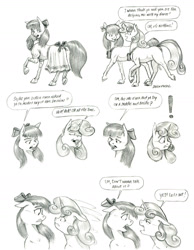 Size: 1100x1416 | Tagged: safe, artist:baron engel, apple bloom, sweetie belle, earth pony, pony, unicorn, g4, female, filly, monochrome, pencil drawing, story included, traditional art