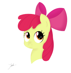 Size: 2552x2636 | Tagged: safe, artist:noxdrachen, apple bloom, earth pony, pony, g4, apple bloom's bow, bow, bust, female, filly, hair bow, high res, looking up, orange eyes, portrait, red mane, signature, simple background, smiling, solo, transparent background