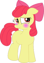 Size: 439x635 | Tagged: safe, artist:angrymetal, apple bloom, earth pony, pony, g4, apple bloom's bow, blushing, bow, female, filly, floppy ears, hair bow, red eyes, red mane, simple background, smiling, solo, standing, transparent background