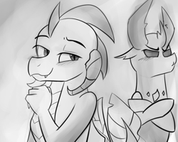 Size: 1280x1024 | Tagged: safe, artist:zouyugi, princess ember, thorax, changedling, changeling, dragon, g4, blushing, crossed hooves, dragoness, female, grayscale, grin, king thorax, male, monochrome, ship:embrax, shipping, smiling, smug, straight, tsundere