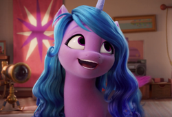 Size: 1145x784 | Tagged: safe, screencap, izzy moonbow, pony, unicorn, g5, my little pony: a new generation, 3d, female, horn, indoors, looking up, mare, open mouth, open smile, smiling, solo