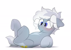 Size: 2064x1457 | Tagged: safe, artist:mochi_nation, oc, oc only, oc:silver bolt, earth pony, pony, blue eyes, blushing, confused, earth pony oc, eye clipping through hair, female, floppy ears, lying down, mare, on back, shadow, simple background, solo, tail, two toned mane, two toned tail, underhoof, white background
