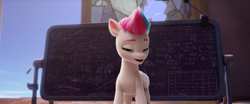 Size: 2084x871 | Tagged: safe, screencap, zipp storm, pegasus, pony, g5, my little pony: a new generation, 3d, chalkboard, eyebrows, female, folded wings, lidded eyes, mare, math, open mouth, standing, station, wings, zephyr heights, zephyr heights terminal