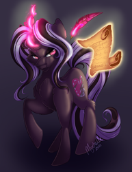 Size: 2550x3300 | Tagged: safe, artist:mychelle, oc, oc only, oc:cross stitch, pony, unicorn, female, high res, magic, mare, quill, scroll, solo