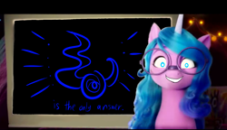 Size: 1280x736 | Tagged: safe, edit, edited screencap, editor:horsesplease, screencap, izzy moonbow, pony, unicorn, g5, my little pony: a new generation, 3d, chaos (warhammer 40k), doodle, evil smile, female, glasses, grin, horn, izzy's crafting glasses, izzy's presentation, mare, smiling, solo, text, tzeentch, warhammer (game), warhammer 40k