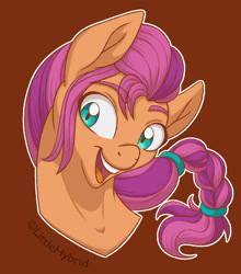 Size: 792x900 | Tagged: safe, artist:hybridshila, artist:littlehybridshila, sunny starscout, earth pony, pony, g5, braid, brown background, bust, eyebrows, eyebrows visible through hair, female, mare, open mouth, open smile, outline, portrait, simple background, smiling, solo, watermark, white outline