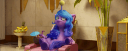 Size: 600x241 | Tagged: safe, screencap, izzy moonbow, pony, unicorn, g5, my little pony: a new generation, spoiler:my little pony: a new generation, 3d, animated, ball, chair, cute, ear flick, gif, izzy's tennis ball, izzybetes, jail, tennis ball