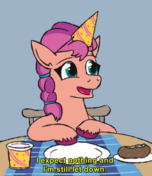 Size: 683x788 | Tagged: safe, artist:jargon scott, sunny starscout, earth pony, pony, g5, baked potato, female, food, hat, i expect nothing and i'm still let down, malcolm in the middle, mare, meme, party hat, potato, solo, subtitles, text